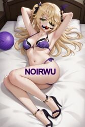ai_generated areolae arms_behind_back bikini blonde_hair eyepatch feet female fischl_(genshin_impact) gag genshin_impact green_eyes hair_ornament happy high_heels highres long_hair lying_on_bed medium_breasts nipples noirwu ornament provocative purple_bikini purple_high_heels sexy smile thong toes twintails