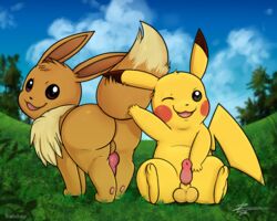 2018 2boys big_testicles brown_fur canine canine_penis digital_media_(artwork) duo eevee erection feral fur furry knot looking_at_viewer male male_only mammal nintendo open_mouth penis pikachu pokémon_(species) pokemon pokemon_rgby presenting rodent sheath smile testicles text thick_thighs video_games watermark wide_hips yellow_fur zekromlover
