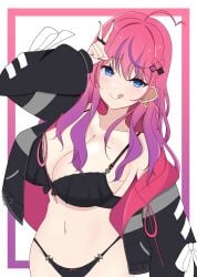 ahoge black_bra blue_eyes bra braid collarbone esttea female gradient_hair hair_ornament hair_ribbon hairclip highres hood hoodie idios jewelry kuramochi_meruto lingerie long_hair multicolored_hair nail_polish navel nijisanji panties pink_hair purple_hair red_hair ribbon ring underwear virtual_youtuber