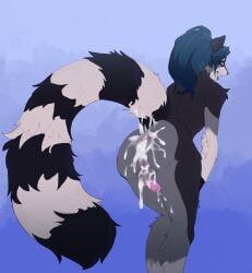 absurd_res anthro anus backsack balls bent_legs bodily_fluids chastity_cage chastity_device cum cum_inside cum_while_chaste frito_(hiddenshadow55) gaping gaping_anus genital_fluids genitals hands_on_knees hands_on_legs hi_res leaking_cum long_tail male mammal markings perineum pink_chastity_cage procyonid raccoon ring_(marking) ringed_tail solo striped_markings striped_tail stripes tail tail_markings wunp