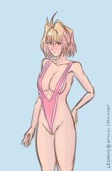 1girls ahoge arcueid_brunestud blonde_hair breasts cleavage embarrassed female flustered hand_on_hip large_breasts looking_at_viewer melty_blood red_eyes short_hair shoulder_wedgie tsukihime wedgie wedgied_female wide_hips