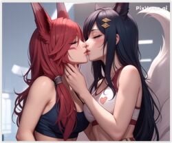 2girls ahri ahri_(league_of_legends) ai_generated female girl_on_girl league_of_legends lesbian_couple lesbian_focus lesbian_kiss vastaya xayah yuri