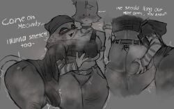1futa 1girls anthro ass ass_bigger_than_head ass_grab ball_bulge balls beanie big_ass big_balls big_breasts big_butt big_penis bottom_heavy breasts breasts_bigger_than_head bubble_butt bulge cat_ears cat_tail cate_meowdy_(fortnite) choker clothing curvaceous curvy curvy_figure dialogue domestic_cat ear_piercing english_text epic_games erection erection_under_clothes feline female fortnite furry futanari fuzzycreature grey_background greyscale groping gulp hat huge_ass huge_breasts imminent_sex intersex meow_skulls_(fortnite) monochrome mostly_clothed musk musk_clouds neckwear onomatopoeia open_mouth penis piercing sketch steam steaming_body steamy_breath sweat sweating tactical_gear tail text thick_thighs throbbing_penis voluptuous voluptuous_female voluptuous_futanari wide_hips