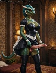 ai_generated aicabron argonian balls busty cumdrip futanari holding_penis intersex maid penis solo