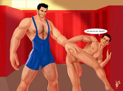 2boys bara big_dom_small_sub big_penis bulge derek_hale hairy_chest locker_room male_only muscular penis stiles_stilinski teen_wolf wrestling_outfit