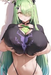 ai_generated antlers black_panties black_shirt blush ceres_fauna ceres_fauna_(goth_costume) covered_nipples female grabbing_own_breast green_hair hololive hololive_english huge_breasts long_hair panties saplings_(ceres_fauna) virtual_youtuber