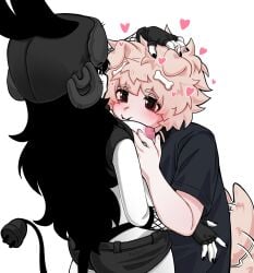 1boy 1boy1girl 1girls black_hair blonde_hair blonde_hair_male breasts bunny_ears couple dog_ears dog_tail duo face_in_breasts female hand_on_head happy heart hugging love male medium_breasts romantic smiling tagme toix22 ushanka wagging_tail wholesome