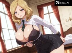 ai_generated ass big_ass big_breasts blonde_hair bra breasts code_geass female female_focus female_only indoors kikia1 large_breasts leaning_forward milly_ashford open_shirt short_hair standing undressing wide_hips