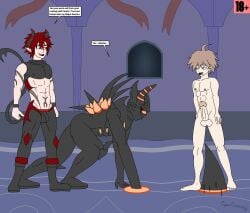 3boys abs boots castle castle_background castle_interior cervius cyles_cinning danganronpa ddc demon demon_horns demon_tail gay horns incubus knee_pads m.u.g.e.n makoto_naegi male male_only master master_and_servant naegi_makoto nipples original original_artwork original_character original_characters portal redflash tail text text_box