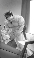 2boys alternate_costume animal_ears bara bed censored chest_tuft feet_out_of_frame foreskin furry furry_male furry_with_non-furry girthy_penis greyscale headband highres horkeu_kamui hospital_bed interspecies large_pectorals male male_focus male_masturbation masturbation monochrome mosaic_censoring multiple_boys muscular muscular_male nose_bubble one_juneju_e pectorals penis short_hair sleeping solo_focus standing tokyo_afterschool_summoners trembling uncircumcised wolf_boy wolf_ears yaoi