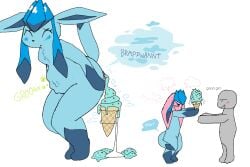 3:2 ambiguous_gender anthro anus ass blue_blush blue_body blue_fart_cloud blue_fur blush blushing_profusely chest_tuft closed_eyes crouching dipstick_tail duo eeveelution english_text extended_arms fart fart_cloud feces feces_on_ground female_(lore) food fur generation_4_pokemon glaceon gloves_(marking) good_girl grey_body hi_res holding_food holding_ice_cream_cone holding_object human ice_cream_cone ice_cream_feces ice_fart katie_(theonetruesinner) leg_markings mammal markings narrowed_eyes nintendo open_mouth pokemon pokemon_(species) pooping_in_ice_cream_cone raised_tail rumbling_stomach scat scatplay simple_background socks_(marking) sound_effects standing tail tail_markings text theonetruesinner tuft unusual_fart unusual_feces white_background