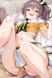 1boy blue_eyes blush breasts brown_hair censored challrote cropped_shirt cum cum_in_pussy female hair_ornament hairclip highres hololive looking_at_viewer male mosaic_censoring natsuiro_matsuri navel nipples off-shoulder_shirt off_shoulder open_mouth orange_shirt pubic_hair sex shirt short_sleeves side_ponytail skirt small_breasts smile solo solo_focus thighs translation_request vaginal_penetration virtual_youtuber white_skirt