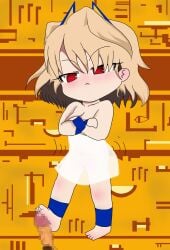 1girls animal_crossing animal_ears ankha_(animal_crossing) ankha_(cosplay) ankha_zone ankha_zone_(meme) arcueid_brunestud blush cat_ears chibi cleavage cosplay crossed_arms deformed fake_animal_ears female foot_fetish footjob melty_blood tsukihime vanshegreen white_dress