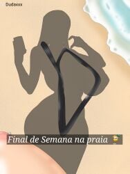 beach big_ass big_breasts big_thighs bikini black_bikini black_sling_bikini bleach breasts breasts_bigger_than_head dressed_shadow_(meme) dudaxxx female huge_breasts inoue_orihime instagram long_hair long_hair_female piercing piercing_nipples portuguese_text red_hair self_upload shadow sling_bikini slingshot_swimsuit smartphone snapchat text