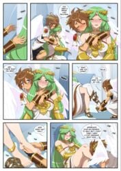 age_difference angel brown_hair comic dialogue fanfiction goddess green_hair high_heels inusen kid_icarus kid_icarus_uprising long_hair nintendo palutena pit pit_(kid_icarus) short_hair tagme wings