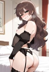 1boy 1femboy 2025 ai_generated alternate_version_available ass bed bed_sheet bedroom big_ass black_lingerie black_panties black_underwear blush brown_hair crossdressing day daytime femboy feminine_male girly green_eyes indoors kono_subarashii_sekai_ni_shukufuku_wo! lingerie looking_at_viewer male nelethos nipples panties satou_kazuma solo sweat sweatdrop trap underwear