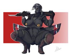 2018 aircraft anthro bayonet boots breasts clothing crouching donkles female footwear gun high_heels holding_object holding_weapon knife living_aircraft living_machine looking_at_viewer machine nipples pussy ranged_weapon rifle shoes smile solo spread_legs spreading su-47 thick_thighs weapon wings