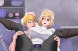 1boy 1girls arcueid_brunestud blonde_hair female from_behind from_behind_position grabbing_legs implied_penetration implied_sex looking_at_another looking_pleasured magnificentsexygals male melty_blood necklace oc original_character pantyhose plump red_eyes short_hair spread_legs spreading sweater thick_legs thick_thighs torn_pantyhose tsukihime turtleneck_sweater vaginal_penetration
