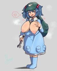 1girls 2025 backpack bayonet_(artist) big_breasts blue_clothing blue_eyes blue_hair blush boots breasts breasts_out cleavage female female_only hat heart hi_res huge_breasts kappa nitori_kawashiro short_hair sweat thick_thighs thighs touhou twintails wrench