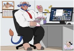 1ceberg absurd_res anthro border bovid bovine cattle clothing computer dessert doughnut eating electronics english_text food hi_res male mammal monitor muscular muscular_male office overweight pastry sitting solo suit text white_border