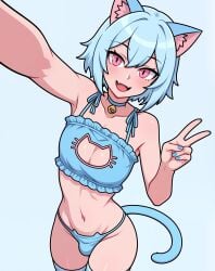1boy ai_generated bare_shoulders bell_choker bell_collar blue_hair bra bulge cat_ears cat_lingerie choker crossdressing femboy flesh_fang from_above girly happy male male_focus male_only midriff navel otoko_no_ko peace_sign penis penis_under_clothes penis_under_panties pink_eyes selfie selfie_pose smile solo thighhighs thighs thong trap