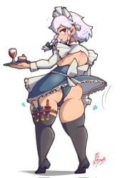 1girls 2025 ass back_view bayonet_(artist) big_ass blue_eyes blush cake female female_only heart hi_res high_heels knife maid maid_headdress maid_uniform sakuya_izayoi short_hair solo sweat thick_thighs thighhighs thighs touhou twintails white_hair wine