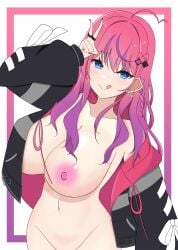 ahoge blue_eyes braid breasts collarbone esttea female gradient_hair hair_ornament hair_ribbon hairclip highres hood hoodie idios jewelry kuramochi_meruto large_breasts long_hair multicolored_hair nail_polish navel nijisanji nipples nude pink_hair purple_hair red_hair ribbon ring virtual_youtuber