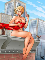 1girls ass big_ass big_breasts bird blonde_hair blue_eyes breasts covering_breasts dc dc_comics enf female female_only hair house looking_at_viewer nail_polish naked nude offworldtrooper outdoors power_girl red_cape rooftop sky superheroine tanning_lotion voluptuous window