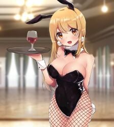 1girls :d alcohol alcoholic_drink blush bow bowtie breasts brown_eyes brown_hair bunny_ears bunny_girl bunny_tail bunnysuit cleavage clothed clothing ear_piercing earrings female female_focus fishnet_legwear fishnets indie_virtual_youtuber indoors large_breasts nekoha_neru open_mouth pierced_ears piercing playboy_bunny revealing_clothes solo solo_focus thighs tray virtual_youtuber vtuber wine wine_glass wrist_cuffs