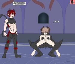 3boys abs anal_sex boots castle castle_background castle_interior cervius cyles_cinning danganronpa ddc demon demon_horns demon_tail dominant_top gay gay_anal horns incubus m.u.g.e.n makoto_naegi male male/male male_only master master_and_servant naegi_makoto nipples original original_artwork original_character original_characters redflash riding_cock riding_penis submissive_bottom tail text text_box thrusting_up trapped