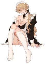 1boy absurdres aether_(genshin_impact) androgynous anus blonde_hair erection genshin_impact half-closed_eyes hand_on_own_chest highres jewelry long_hair maid male male_focus male_only otoko_no_ko precum suspicious_dish thighhighs white_background white_thighhighs