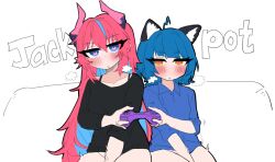 2girls arm_between_legs black_shirt blue_eyes blue_hair blue_shirt blush bra_straps collarbone collared_shirt colored_sketch dragon_girl dragon_horns endless_(idol_corp) female game_controller heart-shaped_pupils heart_ahoge idol-en idol_corp implied_bottomless implied_masturbation kai_saikota long_hair motion_lines mutual_masturbation playing_videogame poko_rakun raccoon_ears raccoon_girl red_hair rolled_up_sleeves ryoru97 ryoshi_(artist) sharing_game_controller short_hair sitting_on_couch steamy_breath trembling_legs virtual_youtuber yellow_eyes