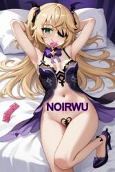 ai_generated areolae arms_behind_back arms_up bed blonde_hair clothing condom condom_in_mouth eyepatch female fischl_(genshin_impact) genshin_impact green_eyes hair_ornament happy high_heels highres long_hair lying_on_bed medium_breasts noirwu ornament purple_high_heels smile twintails wrapped_condom
