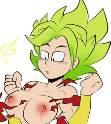 ! blush bouncing_breasts breasts breasts_out dragon_ball dragon_ball_super embarrassed female female_only green_hair huge_breasts huge_nipples ican-t-get-no-satisfaction kale kale_(berserker) legendary_super_saiyan muscles muscular muscular_female nipples ripped_clothing saiyan solo super_saiyan super_saiyan_2 surprised torn_open_top wardrobe_malfunction