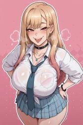 ai_generated bare_thighs big_breasts blonde_hair blush ear_piercing gyaru huge_breasts huge_thighs kitagawa_marin light-skinned_female light_skin long_hair looking_at_viewer massive_breasts multicolored_hair pink_eyes school_uniform schoolgirl smiling solo_female sono_bisque_doll_wa_koi_wo_suru squatting sweat sweatdrop thick_body thick_female thick_thighs thighs tongue_out voluptuous voluptuous_female yashugai