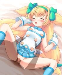 1boy 1girls ass blazblue blonde_hair blush boots censored closed_eyes clothes_lift emurin feet_out_of_frame female flat_chest gloves hair_ribbon hairband hi_res long_hair magical_girl male missionary_position navel on_back open_mouth penis petite platinum_the_trinity pussy ribbon sex skirt small_breasts straight thighs vaginal_penetration