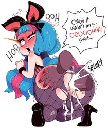 absurdres ahe_gao animal_ears ass ass_grab big_ass blue_hair blush bunny_ears bunny_girl bunnysuit cum cum_in_pussy dialogue disembodied_hand disembodied_limb disembodied_penis doggy_style fake_animal_ears female fishnet_stockings fishnets from_behind fucked_silly full-face_blush hair_tie hairband heels high_heels highres huge_ass kneeling looking_back maplestory_2 mint_(maplestory_2) mole mole_under_eye multicolored_hair nuclearwasabi open_mouth overflow pantyhose partially_clothed penis pussy red_eyes rolling_eyes rough_sex shortstack spanked spiked_hairband spikes streaked_hair thick_thighs torn_clothes torn_pantyhose twintails two_tone_hair vaginal_penetration