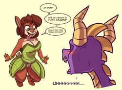 activision anthro blush bottomless breasts brown_hair brown_skin cleavage clothed clothing dialogue dragon dress duo elora english_text female female_focus feral green_eyes hair hi_res horn komponi large_breasts male open_mouth open_smile purple_skin pussy red_nose satyr smile speech_bubble spyro spyro_reignited_trilogy spyro_the_dragon surprise sweat text video_games wavy_horn white_skin