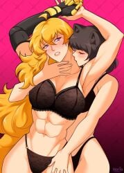 2girls abs black_hair black_hair_female blake_belladonna blonde_female blonde_hair bra canon_couple female kissing_neck long_hair long_hair_female panties purple_eyes robotic_arm rwby yang_xiao_long yellow_nicky_(artist)