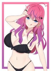 ahoge black_bra blue_eyes bra braid collarbone esttea female gradient_hair hair_ornament hair_ribbon hairclip highres idios jewelry kuramochi_meruto lingerie long_hair multicolored_hair nail_polish navel nijisanji panties pink_hair purple_hair red_hair ribbon ring underwear virtual_youtuber