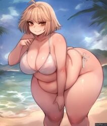 1girls ahoge ai_generated arcueid_brunestud ass bbw beach belly bikini blonde_hair breasts chubby cleavage fat female huge_breasts large_belly large_breasts melty_blood plump short_hair swimsuit tsukihime tummy weight_gain