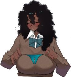 blush coli_(ohasi) curly_hair dark-skinned_female dark_skin glasses ohasi panties presenting_panties
