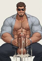 abs ai ai_generated big_penis civitai cum cum_on_balls cum_on_penis daddy dilf ejaculation facial_hair gay hairy hairy_abs hairy_chest hairy_male huge_cock large_pectorals large_penis male_focus male_only masturbation necklace open_shirt pants smirk solo_male sunglasses thick_penis veiny_penis