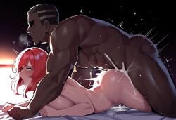 1boy1girl ahe_gao ai_generated ambiguous_penetration cum cum_drip cum_inside dark-skinned_male excessive_cum female femsub heavy_breathing interracial large_ass large_breasts light-skinned_female love_live! male maledom motion_lines muscular muscular_male nishikino_maki on_bed prone_bone rolling_eyes sex sex_from_behind sweat tongue_out trembling