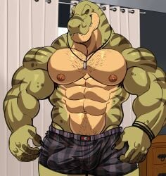 abs anthro biceps big_pecs boner bulge claws clothed clothing darknaigart dinosaur erection hi_res jace_(darknaig) jewelry male male_only mostly_nude muscular muscular_anthro muscular_male necklace nipples pecs prehistoric_species reptile scalie sharp_teeth smile smiling_at_viewer solo solo_male tail teeth theropod tyrannosaurid tyrannosauroid tyrannosaurus tyrannosaurus_rex underwear