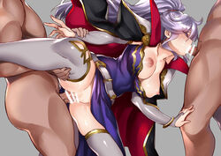 2boys arm_grab bar_censor bracelet breasts cape censored clothed_sex cum cum_in_mouth dark-skinned_male doggy_style double_penetration dress elbow_gloves facial fellatio female fingerless_gloves fire_emblem fire_emblem:_genealogy_of_the_holy_war gloves grey_background grey_gloves grey_legwear inferior_version ishtar_(fire_emblem) jewelry kaorihero large_breasts lavender_hair multiple_boys nipples one_leg_up oral penetration penile_penetration penis penis_in_pussy ponytail profile purple_eyes pussy sex simple_background spitroast spread_legs standing_sex thigh_grab thighhighs threesome vagina vaginal vaginal_penetration vaginal_sex