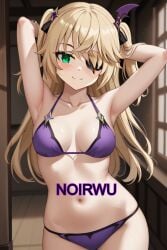 ai_generated areolae armpits arms_behind_back bikini blonde_hair eyepatch female fischl_(genshin_impact) genshin_impact green_eyes hair_ornament happy highres long_hair medium_breasts noirwu ornament purple_bikini smile twintails