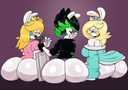 2d 2d_(artwork) 3girls ass ass_bigger_than_head big_ass big_butt black_and_green_hair black_and_green_shirt black_gloves butt butt_bigger_than_head clothing crown cyan_eyes cyan_shirt different_eyeshadow different_hair_color different_hair_style different_shirt edge_(mario_+_rabbids) eyelashes eyeshadow female gloves grabbing grabbing_phone hand_on_ground hand_on_sword hi_res highres long_shirt looking_at_phone looking_at_viewer looking_back mario_(series) mario_+_rabbids mario_+_rabbids:_sparks_of_hope mario_plus_rabbids_sparks_of_hope mouth_open multicolored_hair nintendo no_pants phone pink_shirt purple_background purple_eyeshadow purple_gem rabbid rabbid_peach rabbid_rosalina rabbit rabbit_ears rabbit_girl rabbit_humanoid raving_rabbids rayman_(series) sharp_teeth shiny shiny_skin shirt simple_background sliver_crown smile smile_at_viewer smiley_face star_symbol sword sword_on_ground tagme thick thick_ass thick_butt token_taker ubisoft video_game_character video_games white_body white_skin yellow_crown yellow_hair
