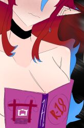 blush covering_breasts doujinshi_(object) endless_(idol_corp) eyes_out_of_frame idol-en idol_corp kai_saikota large_breasts ouch_meme topless