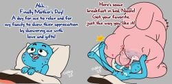 3_fingers 3_toes absurd_res anthro anthro_on_anthro anus ass balls biped black_eyebrows black_eyes black_markings blue_text bodily_fluids breasts butt_slap cartoon_network color_coded_text crouching cubby_chambers cum cum_from_mouth cum_in_mouth cum_inside cum_on_chest dated dialogue domestic_cat duo english_text erection eyebrows eyelashes face_fucking facial_markings fangs feet felid feline felis female female_anthro female_penetrated fingers funny genital_fluids genitals grey_background head_markings hi_res holidays humanoid_genitalia humanoid_penis interspecies irrumatio lagomorph leporid lying male male/female male_anthro male_penetrating male_penetrating_female mammal markings mature_anthro mature_female mother's_day nicole_watterson nipples nude nude_anthro nude_female nude_male on_back open_mouth open_smile oral oral_penetration overweight overweight_anthro overweight_male penetration penile penile_penetration penis penis_in_mouth pillow pink_anus pink_balls pink_ears pink_nipples pink_nose pink_penis pink_tongue plantigrade rabbit red_text richard_watterson sequence sex signature simple_background slap small_breasts smile spanking surprise_sex talking_to_another talking_to_partner talking_to_self tapping_out teeth text the_amazing_world_of_gumball toes tongue under_covers whisker_markings x-ray_view